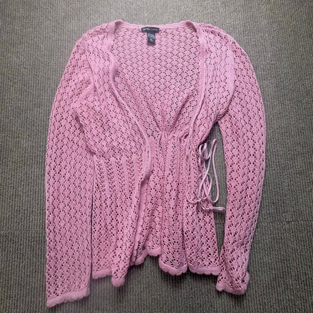 New York and Company Pink Crochet Knit Tie Front Pink Sweater Size XL